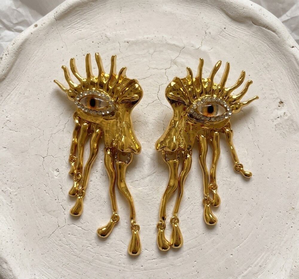 Evil Eye Gold Earrings Surreal Demon Devil Molten Abstract Surreal CZ VTG Witchy